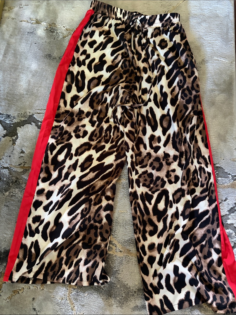 Leopard Print Wide-Leg Pants with Red Side Stripe - Picture 2 of 4